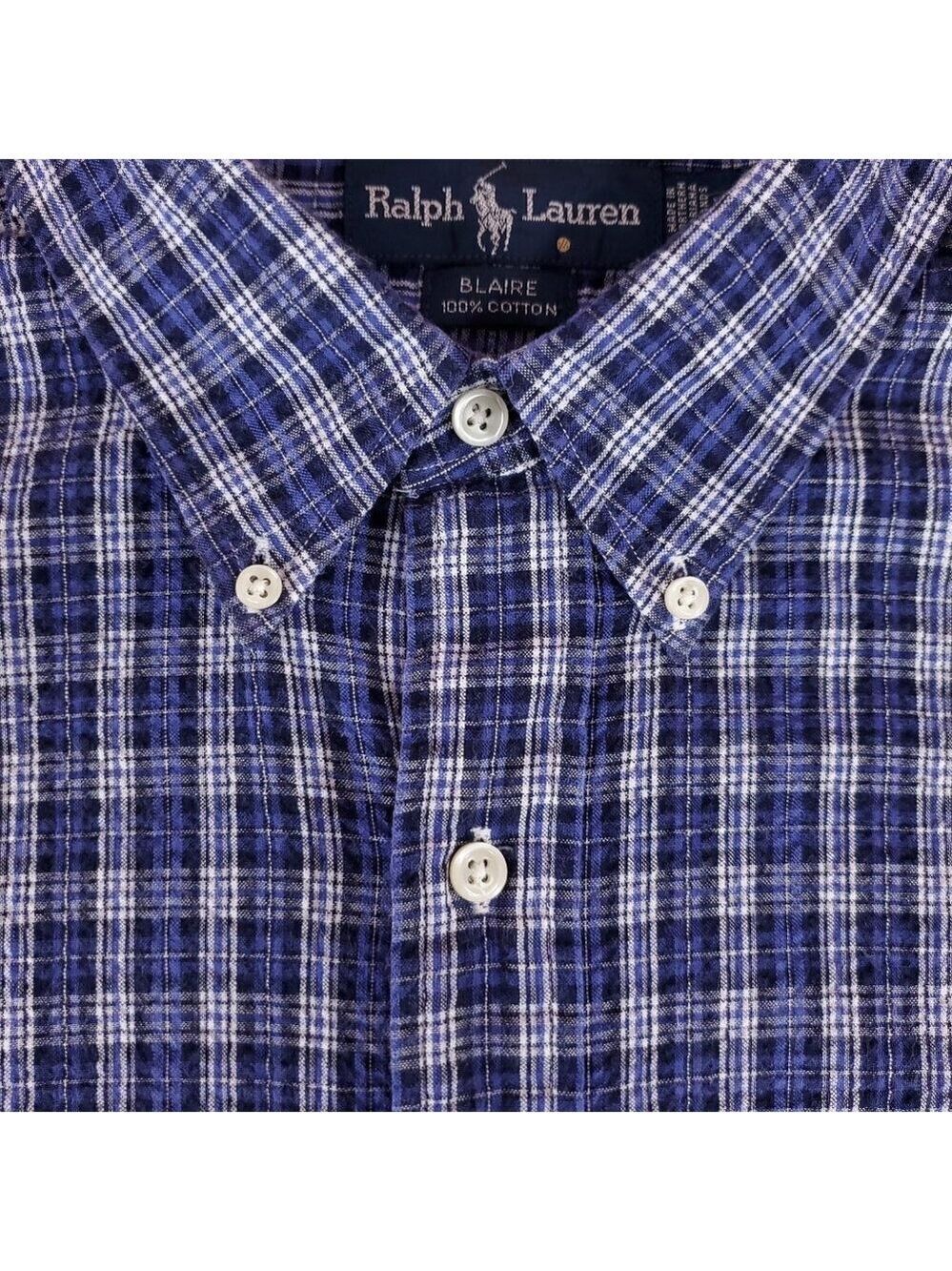 Vtg Ralph Lauren Blaire Seersucker Mens XL Blue White Plaid LS Button Down Shirt - Picture 4 of 12